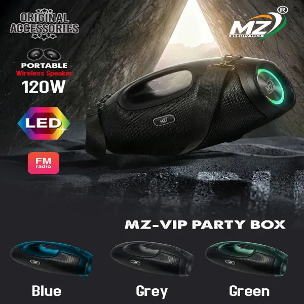 MZ-VIP Party Box 120W Portable Wireless Speaker – Power Bass, LED Lights & FM Radio