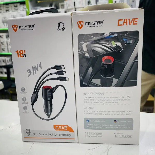 MS STAR CAVE 18W 3-in-1 Fast Car Charger with Dual Output – Multi-Cable High-Speed Charging Adapter