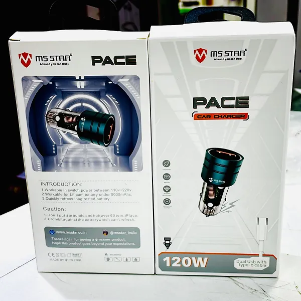 MS STAR PACE 120W Fast Car Charger with Dual USB & Type-C Cable – High-Power