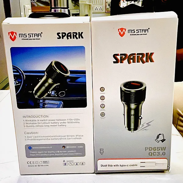 MS STAR SPARK PD 65W QC 3.0 Fast Car Charger with Type-C Support – Dual USB High-Speed